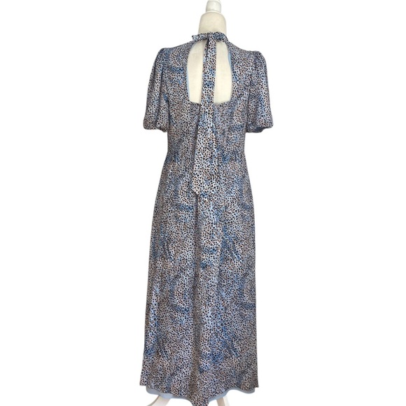 Whistles Blair Puff Sleeve Dress Women's Blue Midi Feminine Open Back Bow - Picture 11 of 13